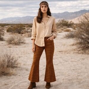 Vtg Punk Rock Mall Goth Plaid Orange/Brown Flare Pants Sz L W30 L31.5